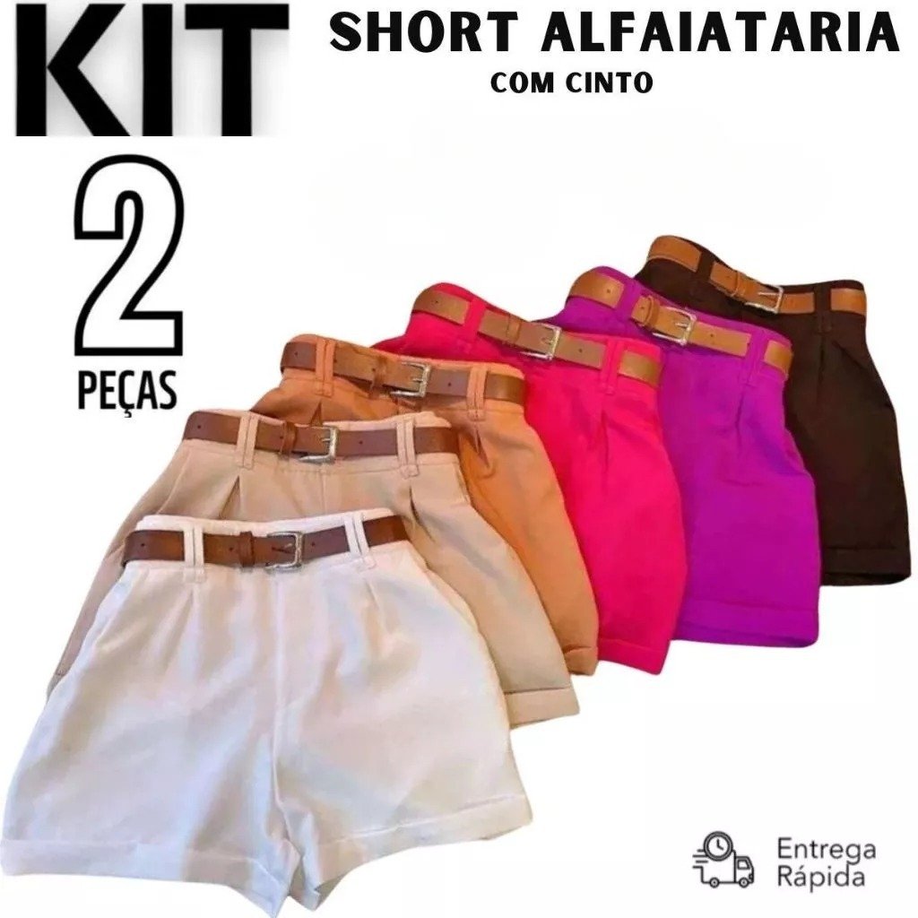 Kit 2 Short Feminino Alfaiataria Social com um Cinto Cintura Alta PROMOÇÃO