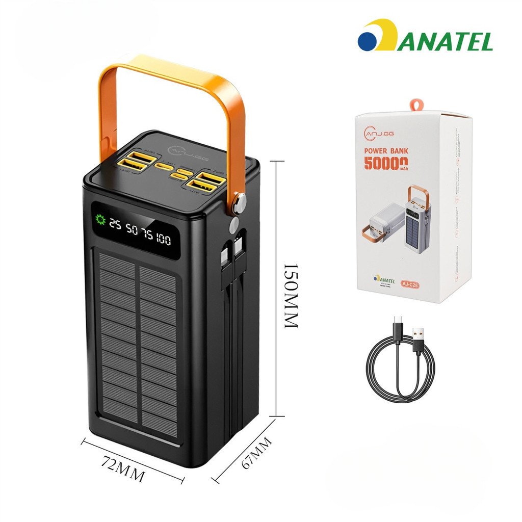 Carregamento solar com cabo, banco de energia portátil de grande capacidade, 50000mAh anjgg