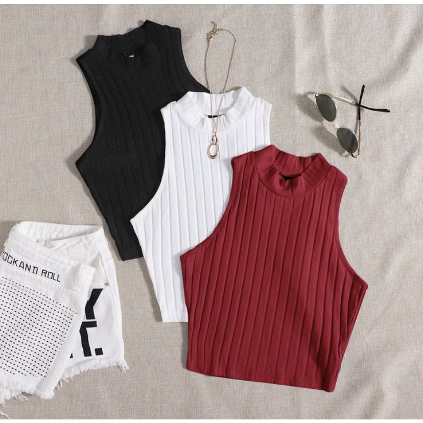 KIT 3 ou 1 Unidade Cropped Gola Alta Canelado Sem Manga Verão Praia