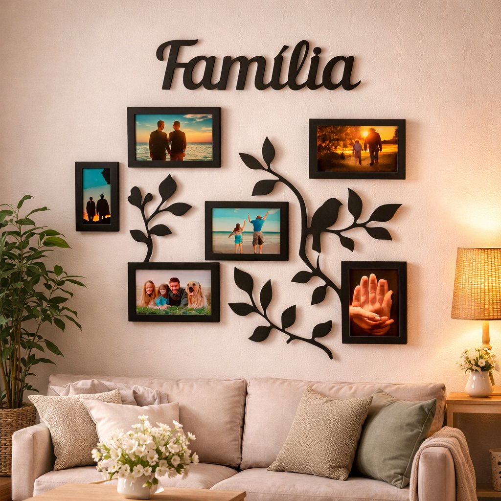 Painel Porta Retrato Parede MDF Familia 6 Fotos Decorativo Moldura Preta Galhos Enfeite Sala Quarto Grande Organizador