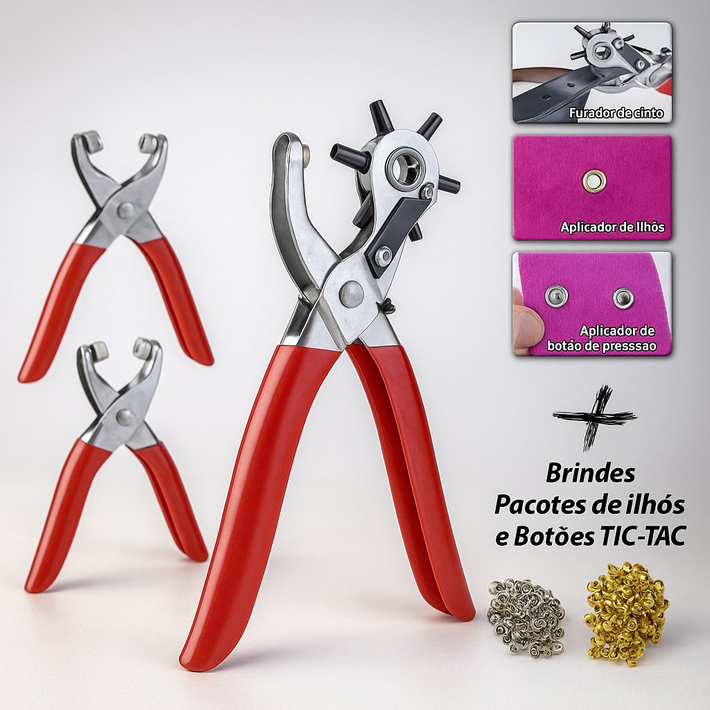 Kit de Alicates Aplicador de Ilhós e Pressão Furador- 3 Unidades Com Cabo Emborrachado.