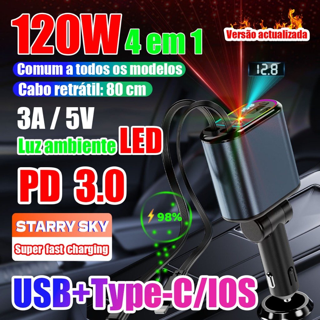 Carregador de carro 120W USB/IOS/TYPE-C Adaptador 4 Em 1 usb veicular com LED carregador super turbo