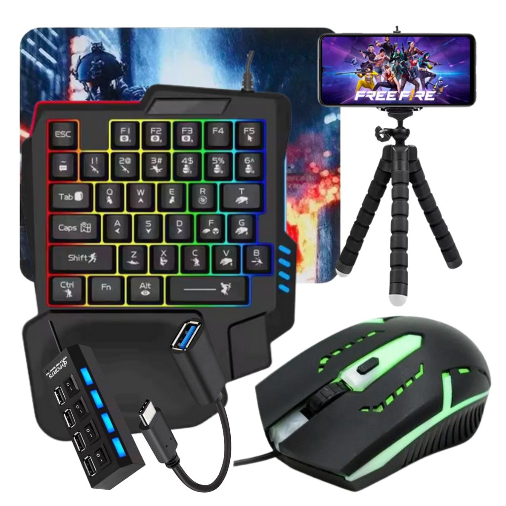 Kit Gamer Free Fire Teclado Mouse Gamer Rgb + Hub Usb + Tripé + Adapitador Otg Tipo C + Mouse Pad