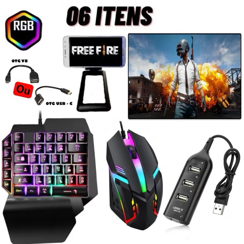 Kit Mobilador Gamer Completo Celular Android Teclado Mouse OTG Hub Tripé