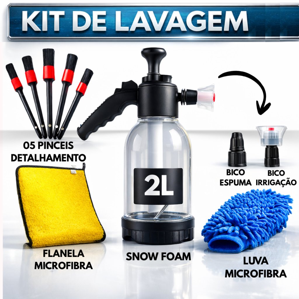 Kit Automotivo Pulverizador Snow Foam Manual Lavadora Espuma Borrifador 2 Litros Luva Pincel Flanela Microfibra