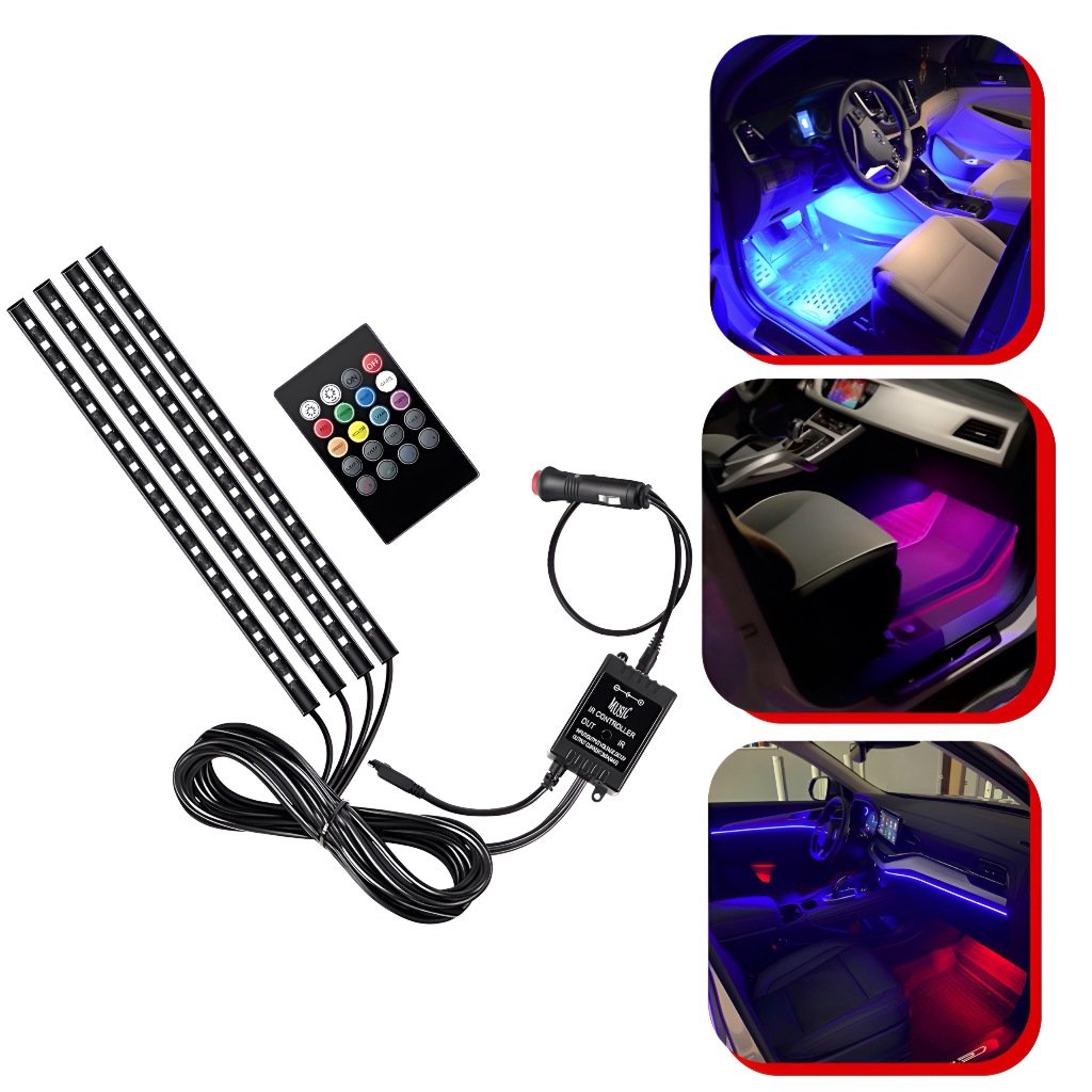 Kit Para Iluminação Interior Carro Luz Led Neon Rgb C/controle Sensor Rítmico 12v 4 Faixas de Luz