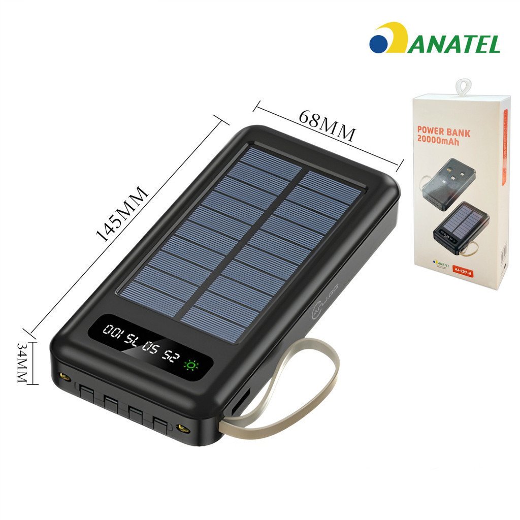 Carregador Portátil Power Bank Solar 20.000mah Com cabos 5 Em1 LED lanterna