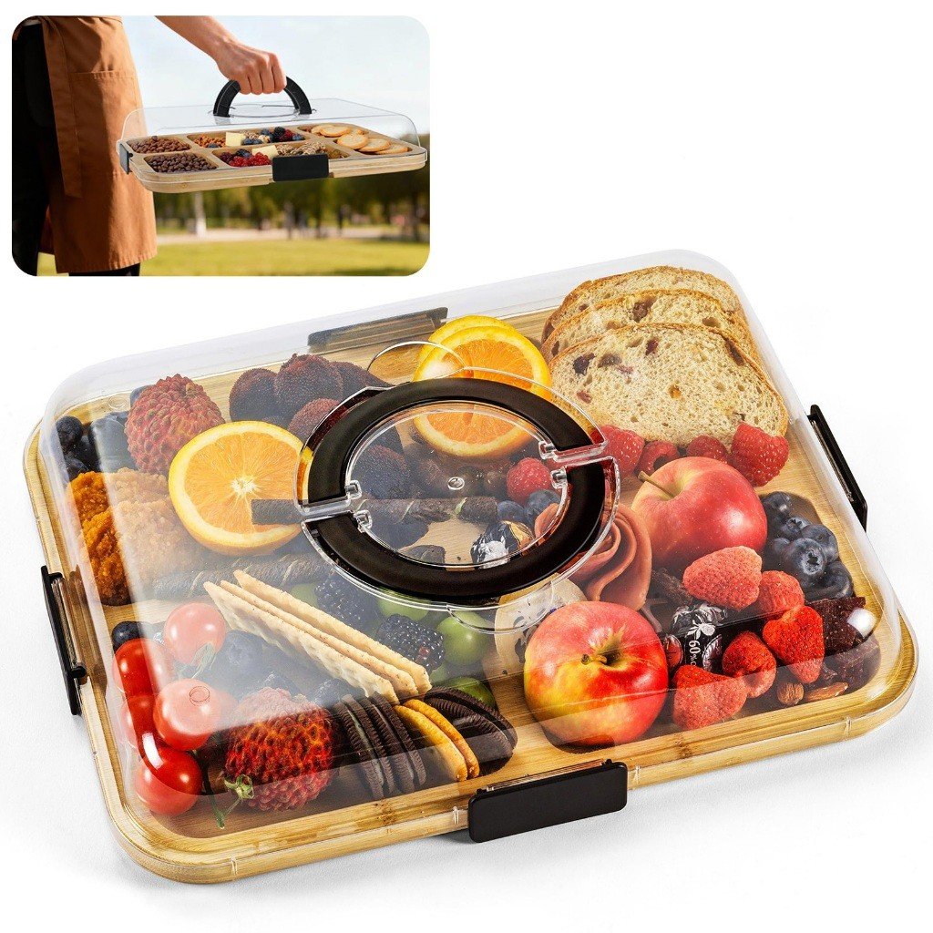 Tabuleiro de Queijo de Bambu com Tampa Hermética, Bandeja para Servir Alimentos em Festas e Piqueniques