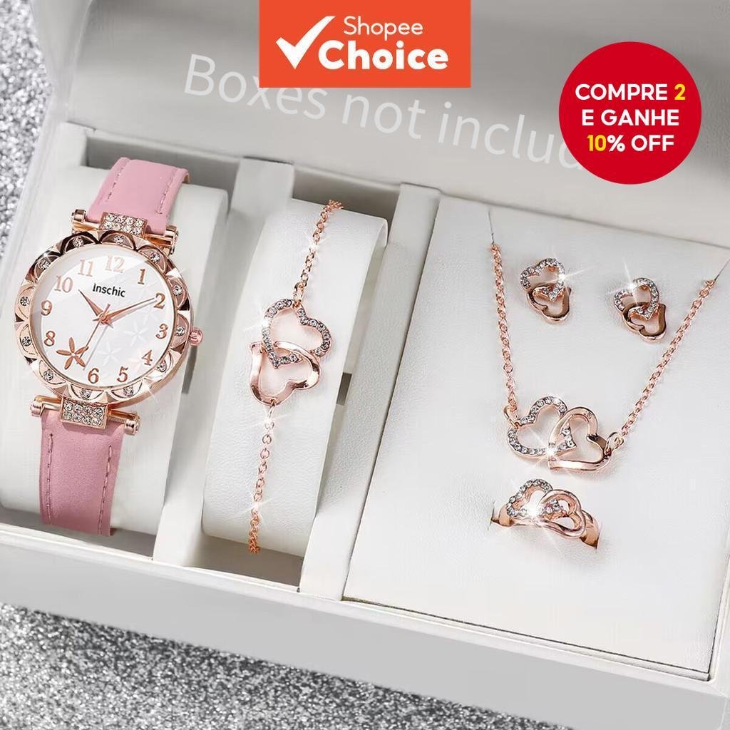 Moda Flores Dial Relógio Feminino Casual Pulseira De Couro Senhoras Relógios De Quartzo Conjunto De Jóias (Sem Caixa)