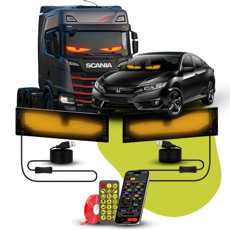 Kit 2 Peças Olho 37x09cm 60x12cm Tela 12v e 24v Carro Caminhão App 16x96 Leds Preto