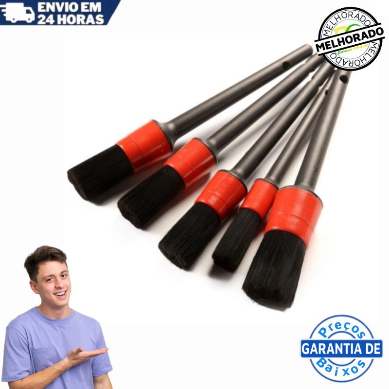 ‌Kit Pincel Automotivo 5 Peças Nylon Premium Detalhamento | Limpeza sem Riscar 4 Tamanhos