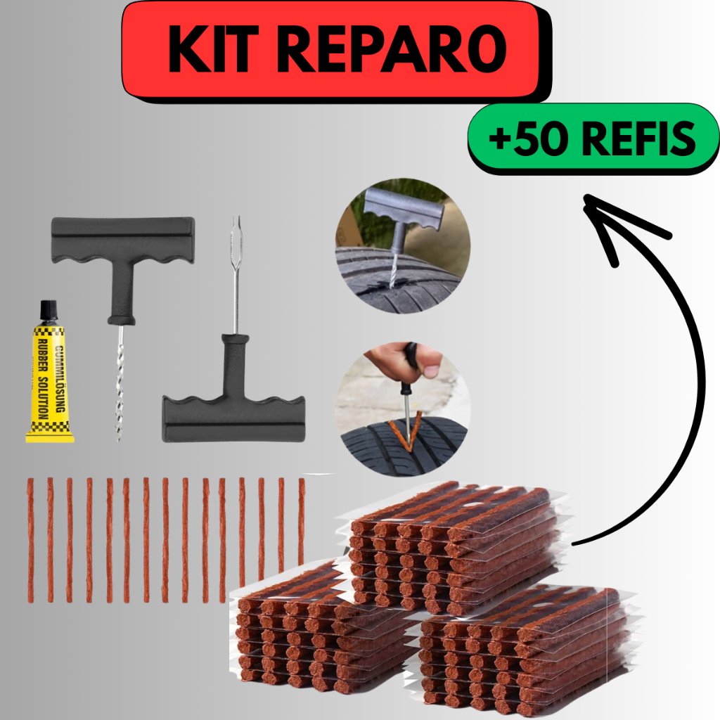 Kit Reparo Pneu Sem Câmara Tubeless Macarrão com Aplicador Escareador em Ferro e Cola para Carro Moto e SUV Automotivo