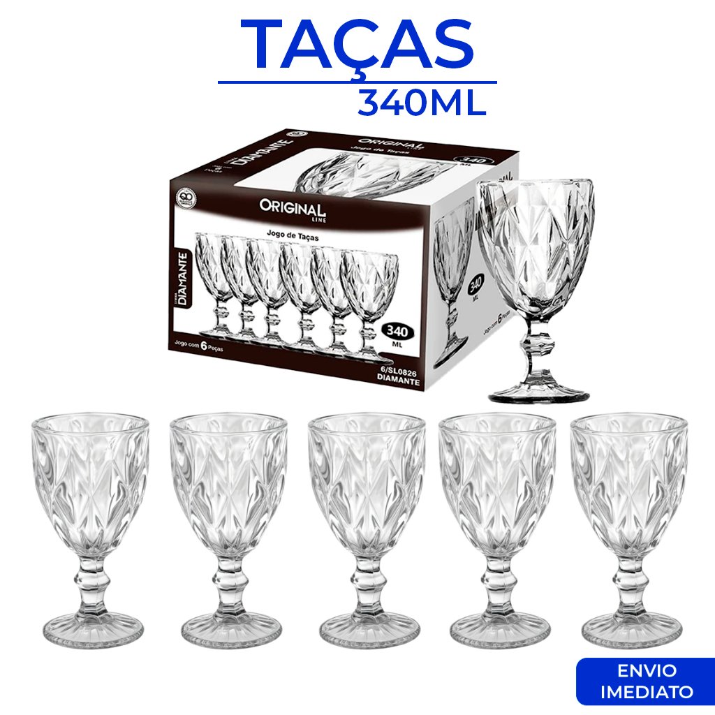 Jogo Taças Vidro 340Ml Diamond Bico Jaca Abacaxi Conjunto Taça Para Água Vinho Tinto Suco Diamante