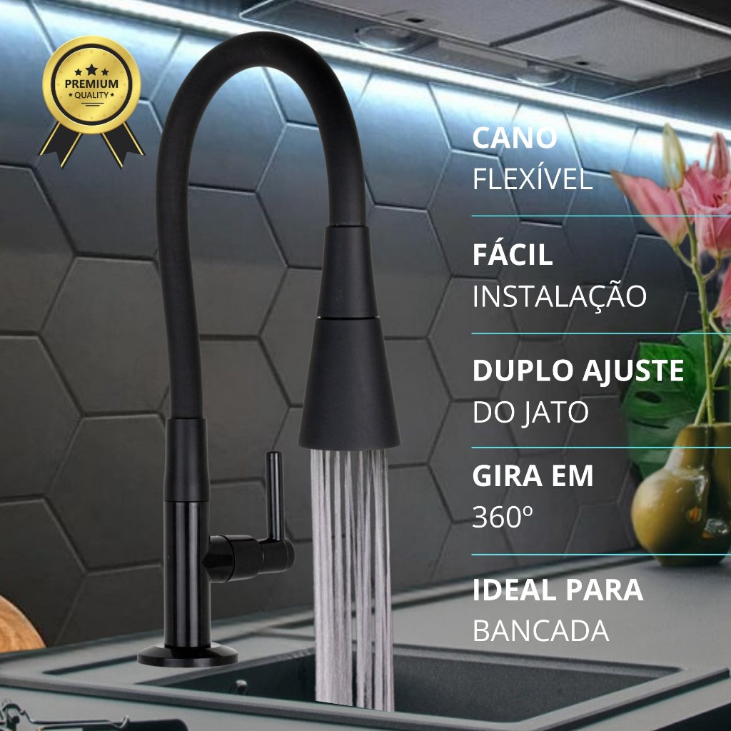 Torneira Bancada Pia Cozinha Gourmet Preta Flexível 2 Jatos 1/4 de volta para Mesa e Mármore