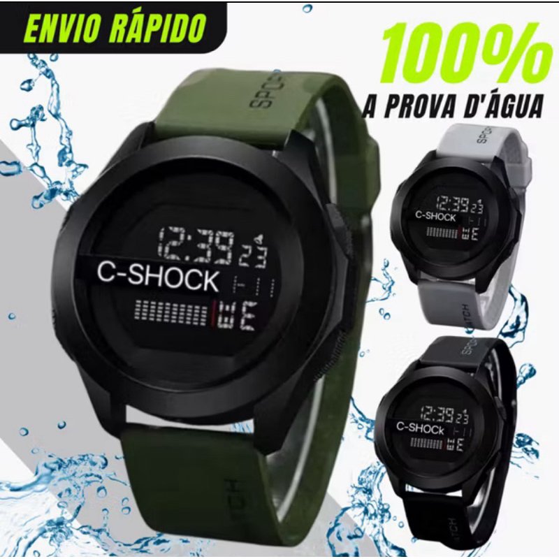 Relógio Digital C-Shock Masculino Esportivo resistente ’Água LED Resistência Alto Impacto Várias Cores