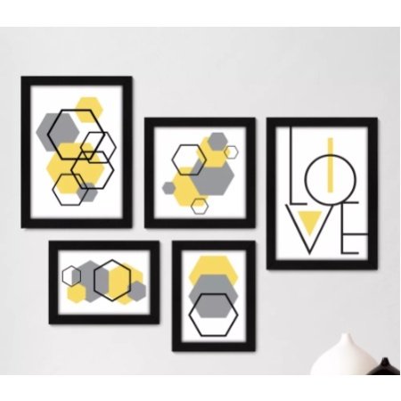Quadros decorativos 5 peças mosaicos para sua sala ou quarto Abstrato - Formas - Geométricas - Hexágono - Love