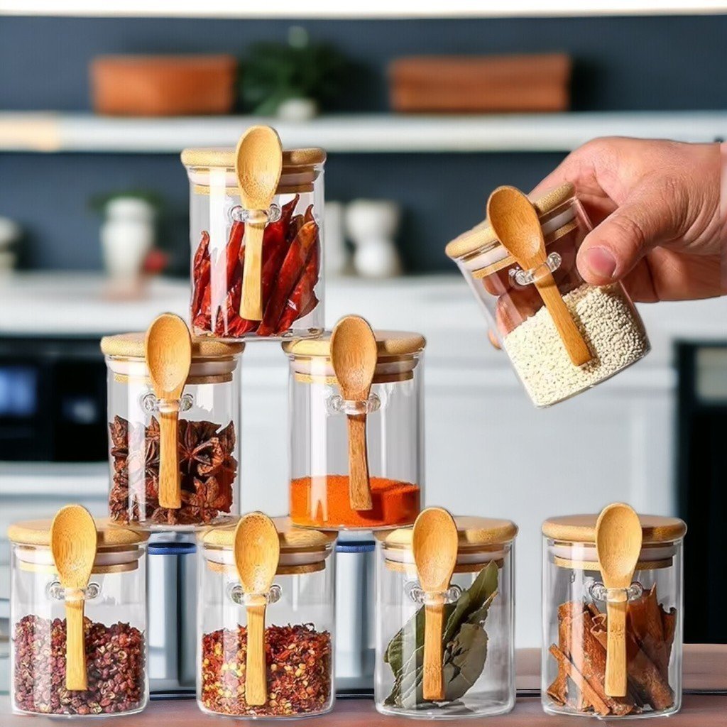 Kit Potes de Vidro Tampa Hermética e Colher de Bambu 245ml