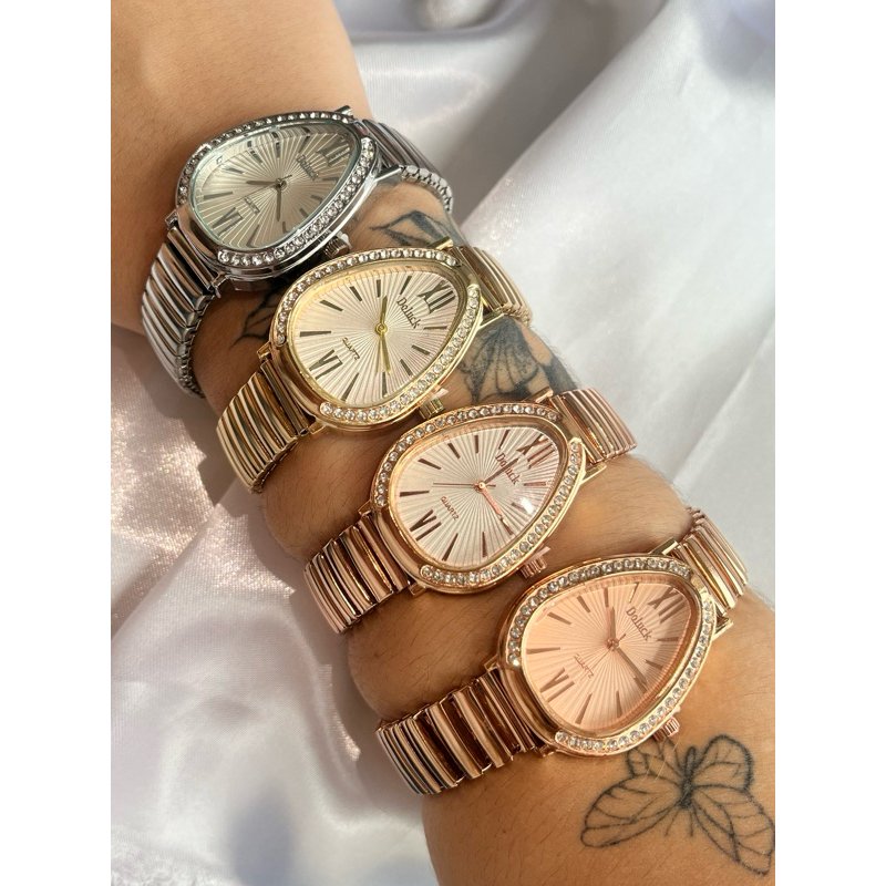 Relógio Feminino Elegante com Pulseira Elástica Estilo Cobra – Com e sem Pedras