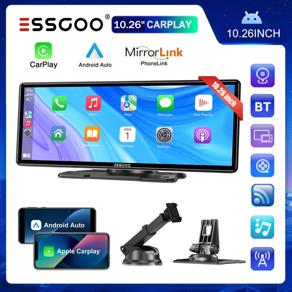 ESSGOO 10.26 Polegada CarPlay Sem Fio Android Auto Car Radio Multimídia HD Touch Screen Video Player USB/AUX Para Câmera