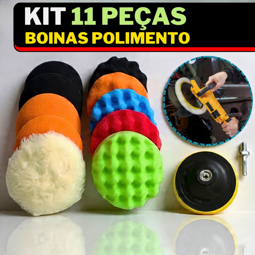 Kit Boina Automotiva Polimento Espuma e Lã Com Suporte Para Furadeira e Parafusadeira 5/7/11 Peças
