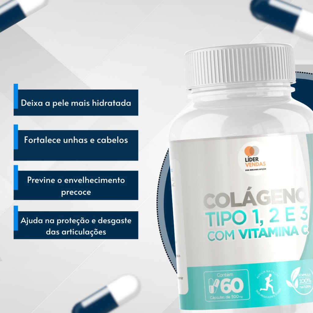 Colágeno Tipo 1, 2 E 3 Com Vitamina C 500Mg 60 Cápsulass