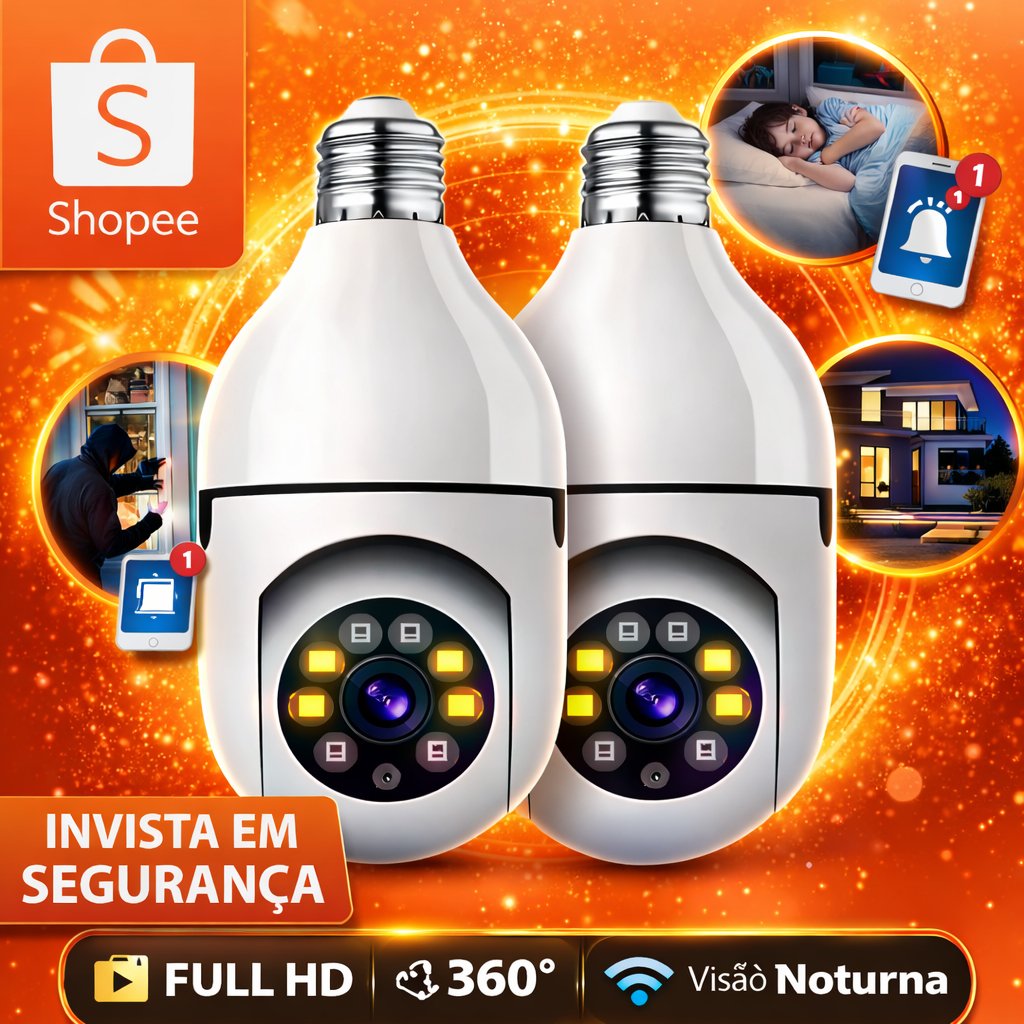 Kit 2 Câmeras De Segurança Lâmpada 360 WiFi IP HD Visão Noturna Sem Fio PTZ - Bivolt