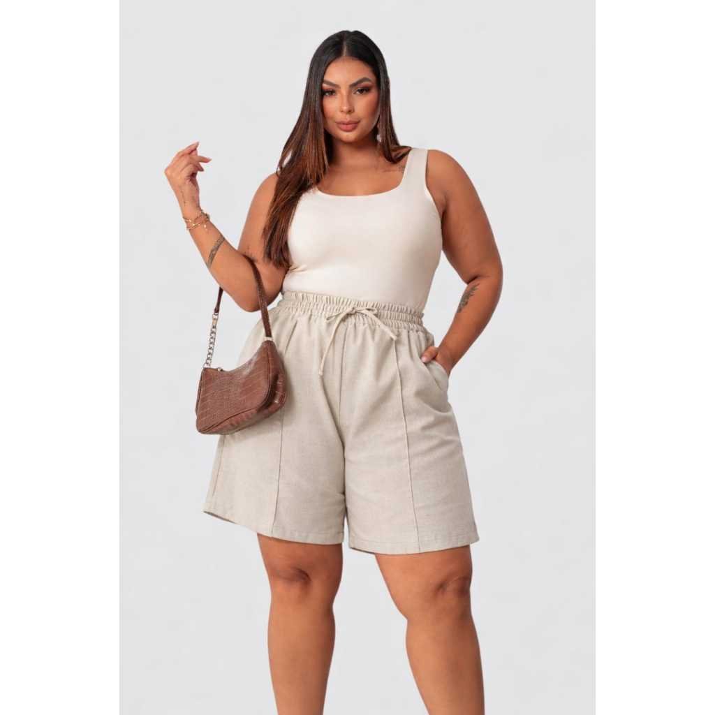 Short Feminino Plus Size  Linho Bermuda Cintura Alta Com Bolsos Laterais Casual Conforto e Estilo