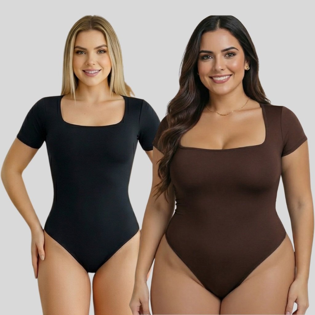 Body Feminino Manga Curta Decote Quadrado 36 ao 50 Plus Size Forro Duplo Moda Blogueira Tendência Suplex Premium