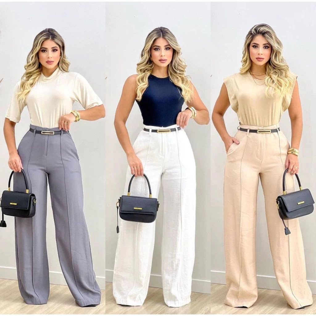 Calça Pantalona Alfaiataria Premium Cintura Alta Com Bolso Com Cinto PROMOÇÃO