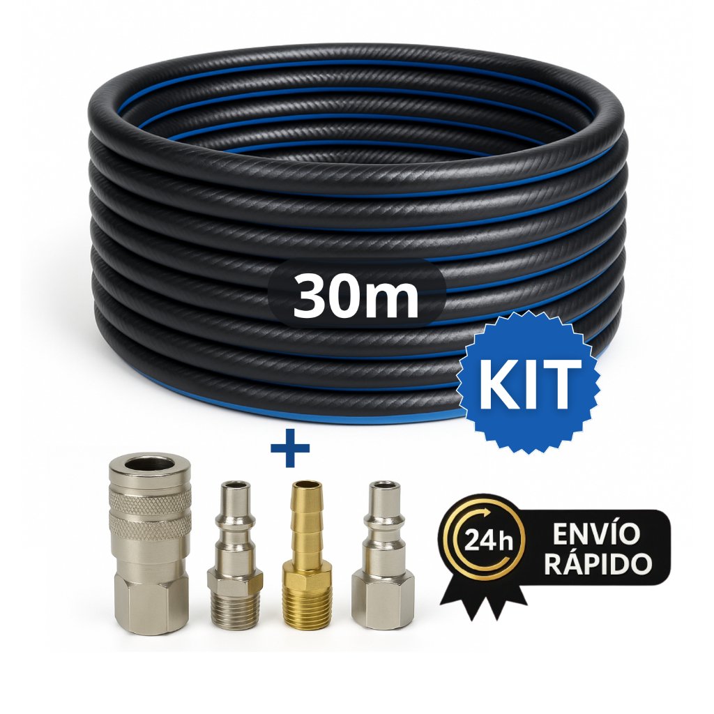 Kit Mangueira de Compressor 30 Metros Com Engate Rapido Conectores PT300 1/4 Ar Rolo Pneumática