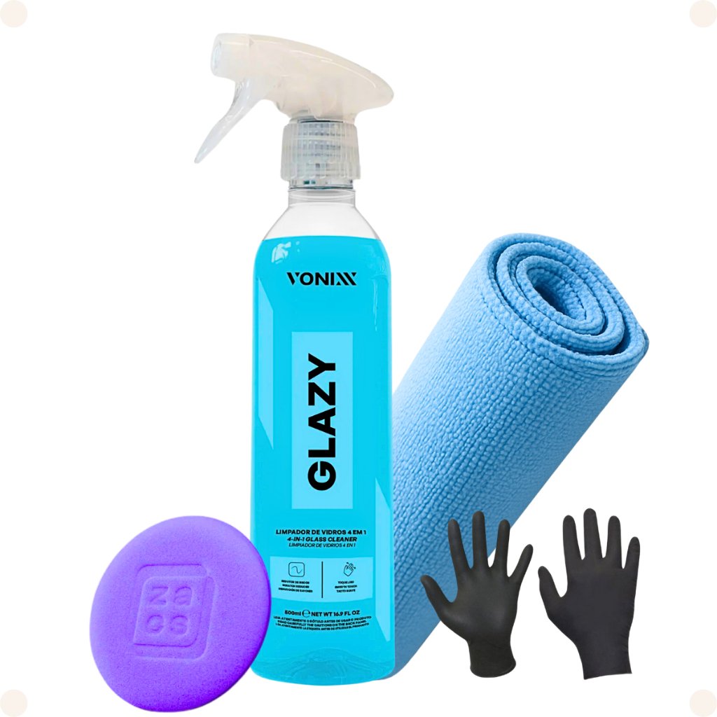 KIT LIMPA VIDROS GLAZY 500ML VONIXX 4 EM 1 LIMPA PROTEGE CONDICIONA REDUTOR DE RISCOS