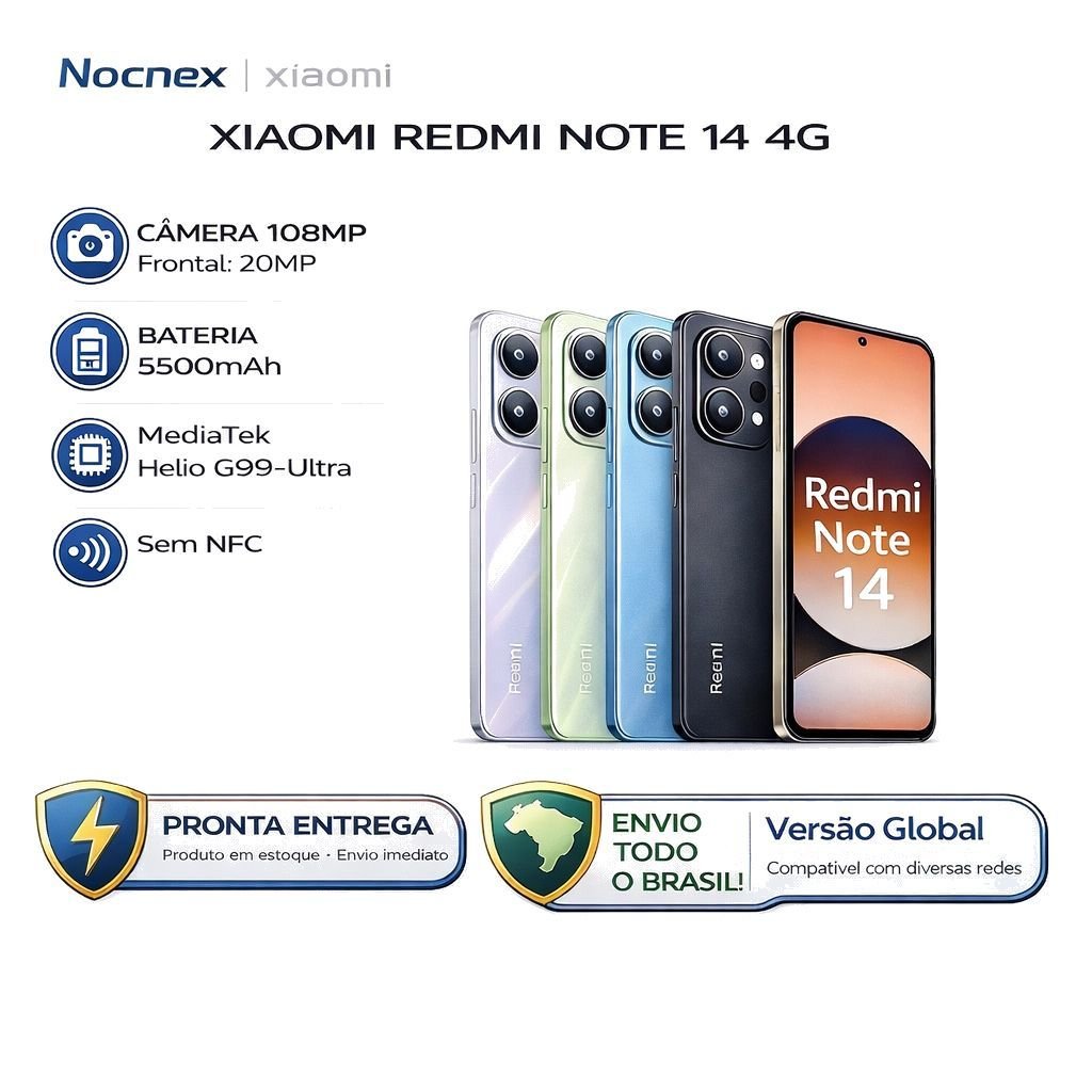Celular Xiaomi Redmi Note 14 4G 256gb ou 128gb Versão Global Original (COM CAPINHA E PELÍCULA)