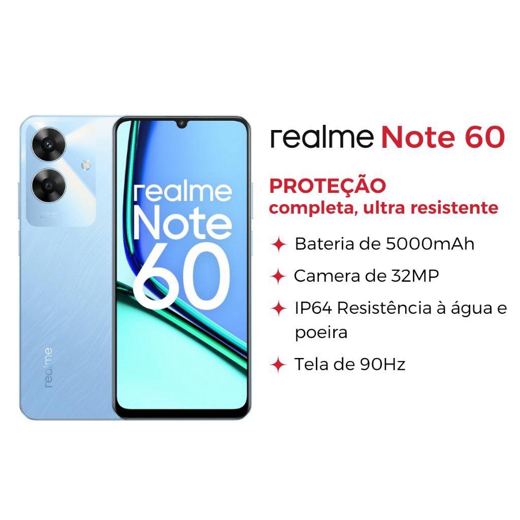Celular Realme Note 60 Dual SIM 3/4RAM 64GB/128GB 5000mh 7.85mm IP64 AI boost para jogo 32MP