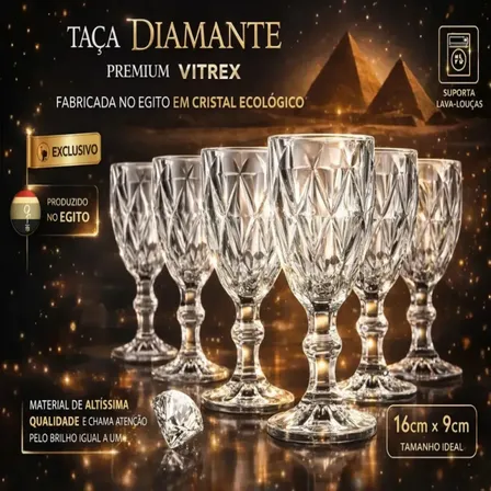 Jogo 6 Taças De Cristal 340ml Diamond Transparente Lapidado Vitrex