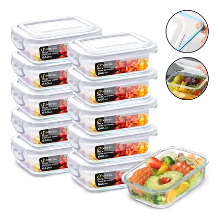 Conjunto 10 Potes 640ml Vidro Hermético 4 Travas Marmita Universo Mix Branco