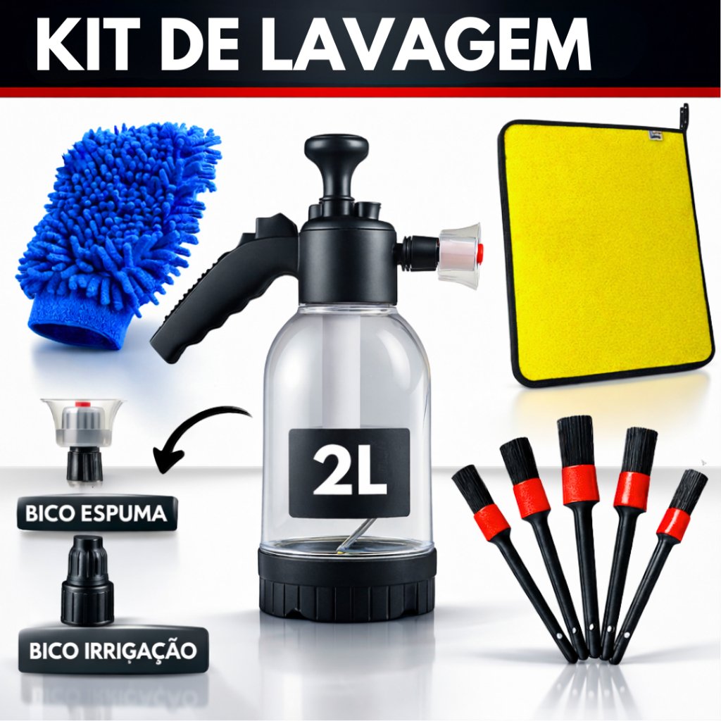 Kit Lavagem Automotiva Snow Foam Manual 2 Litros Canhão de Espuma Pulverizador Borrifador Luva Pincel Flanela