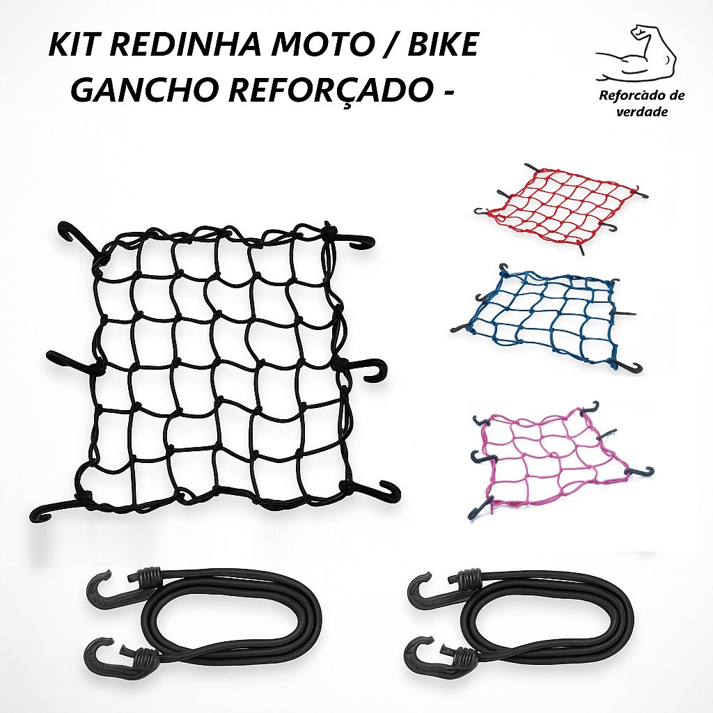Kit Rede Elástica Moto Bike Redinha Carga Aranha Capacete Estica Reforçada Com extensor