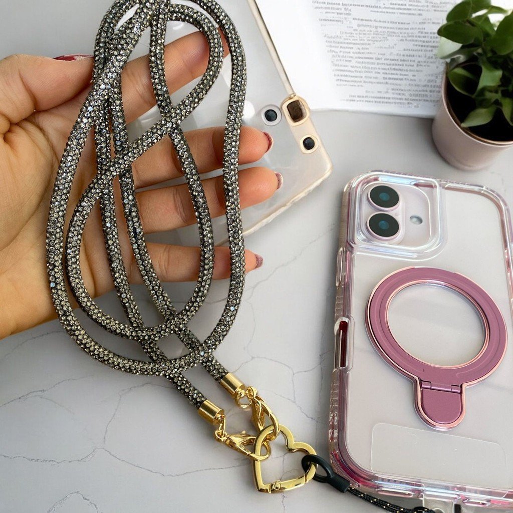Cordão de Celular de Luxo com Strass  | Alça com Coração Dourado Detalhes Premium !