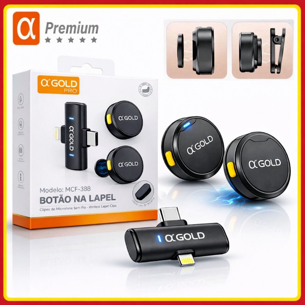 Microfone Sem fio de Lapela Duplo Magnético Redondo Bluetooth para Celular Entrevista 2 em 1 A'Gold