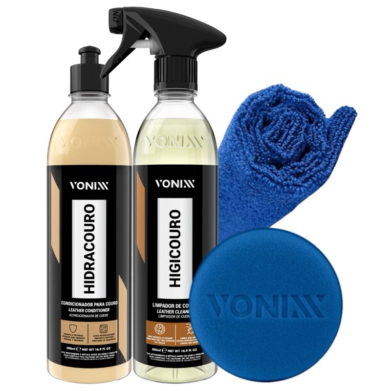 Kit Couro Vonixx Limpar Hidratar Couro Vonixx Higicouro + Hidracouro + Toalha Microfibra + Aplicador