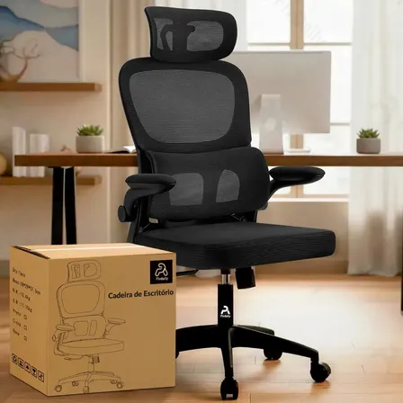 Cadeira De Escritório Confortavel Ergonômica Giratoria C600 Fivdaily Preta E Apoio De Cabeça Com Suporte Lombar Estofado... Preto Malha