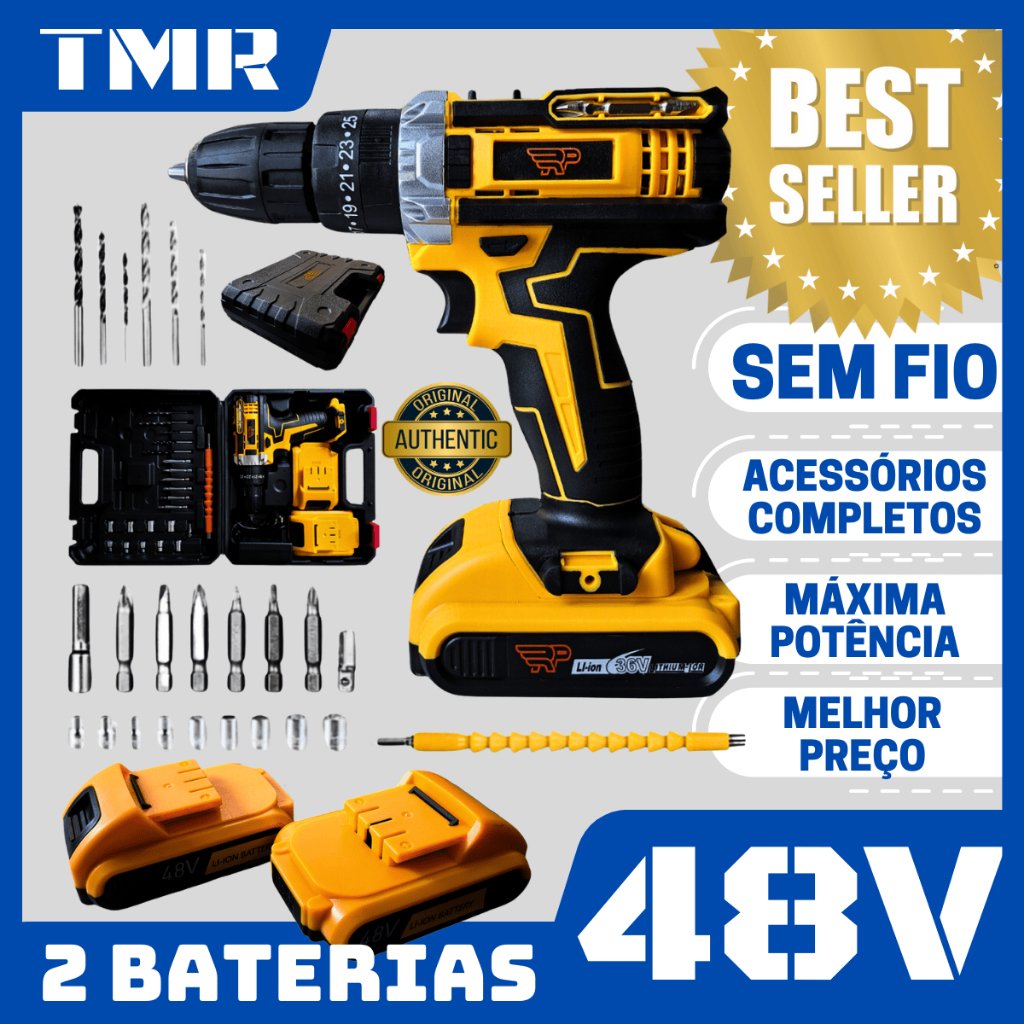 Furadeira Parafusadeira Elétrica 2 Baterias 10mm Sem Fio Portátil Compacto Impacto 48V 36V 26V 21V
