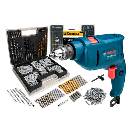 Furadeira De Impacto Bosch 450w 10mm Gsb 450 Re Com Jogo De Brocas Bits 300 Peças Azul 127v 50/60hz