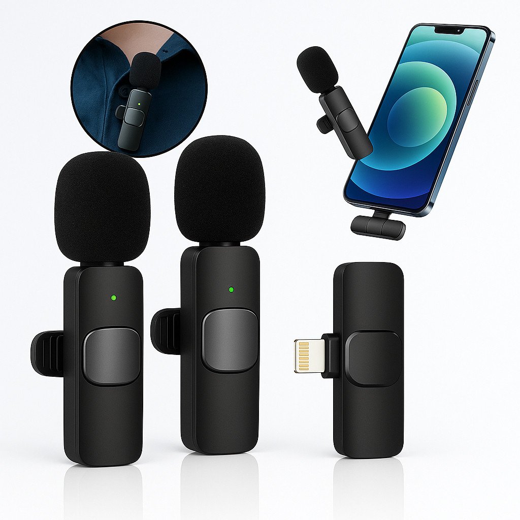 Microfone De Lapela Duplo Compatível iPhone Longo Alcance Entrada Lighting Sem Fio Profissional