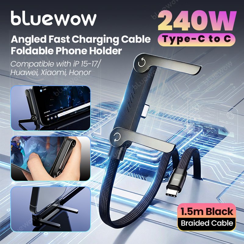 Cabo De Dados Com Suporte Angular BlueWow 240W 1.5 M | 90 ° Para Jogos Cotovelo Carregamento Rápido E Dobrável Telefone