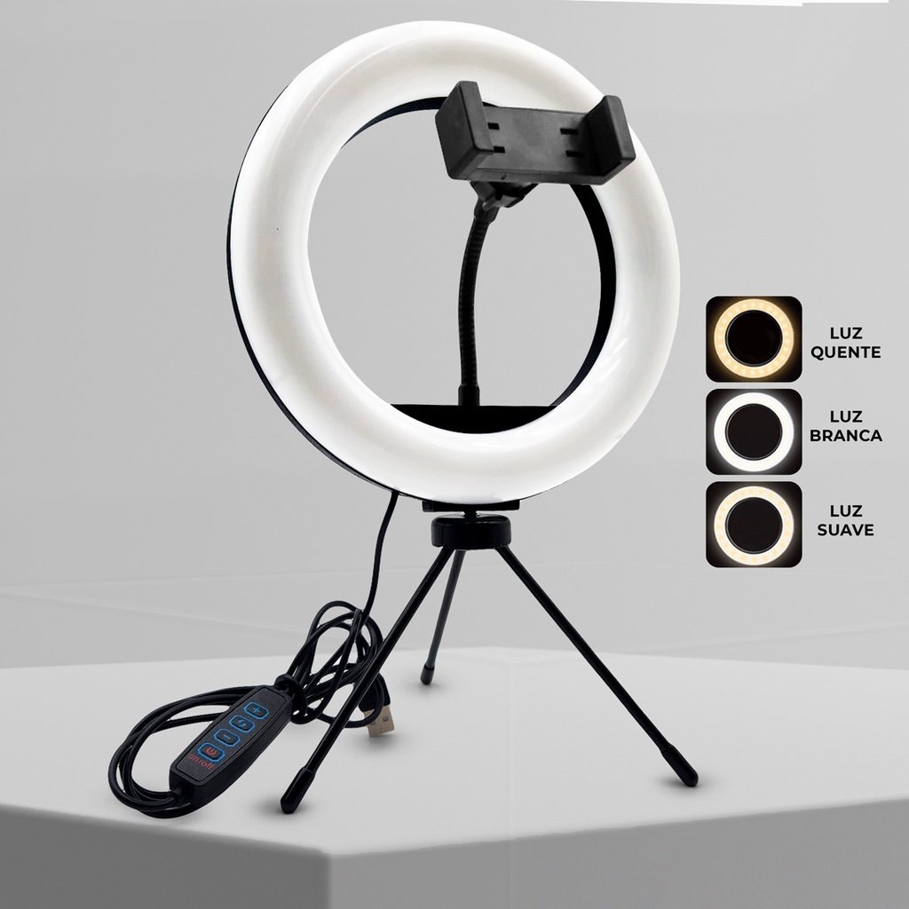 Ring Light LED Iluminador Portatil Com Tripé Suporte Para Celular 8 Polegadas