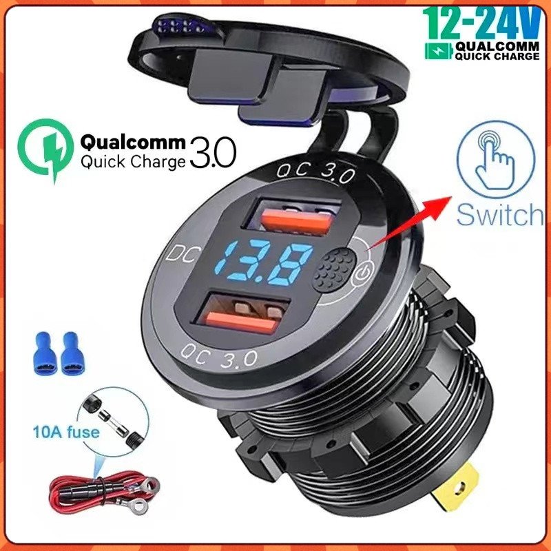 Tomada Carregador Carro Usb Tipo C Pd3.0 Voltimetro Azul