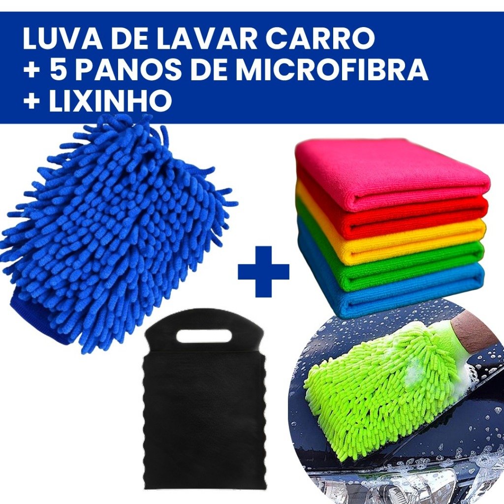 Kit de Lavar Carro Moto Limpeza automotiva Luva + 05 Pano Microfibra Super Absorvente - Multiuso