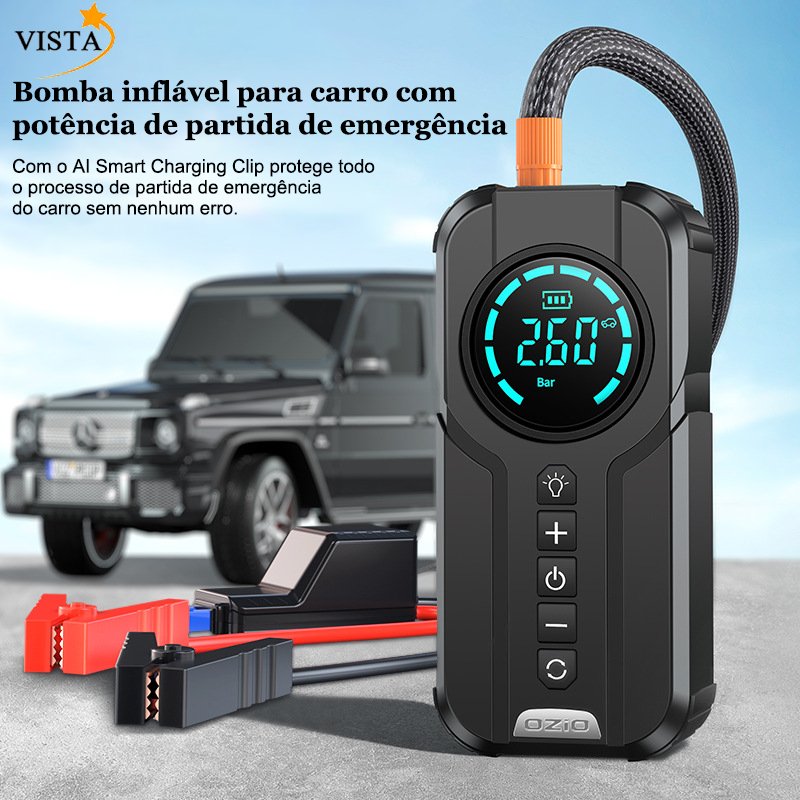 Inflador Elétrico Digital com Display e Bicos Compressor Portátil Veicular Power Bank 5V