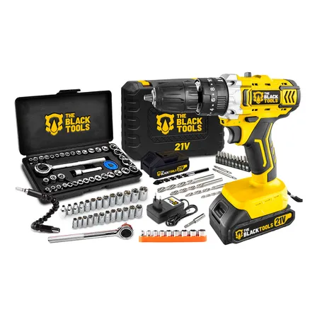 Furadeira Parafusadeira De Impacto 2 Baterias 21v 3/8 Tb-21pkx Com Jogo De Soquetes 40 Peças The Black Tools Amarelo 50hz/60hz